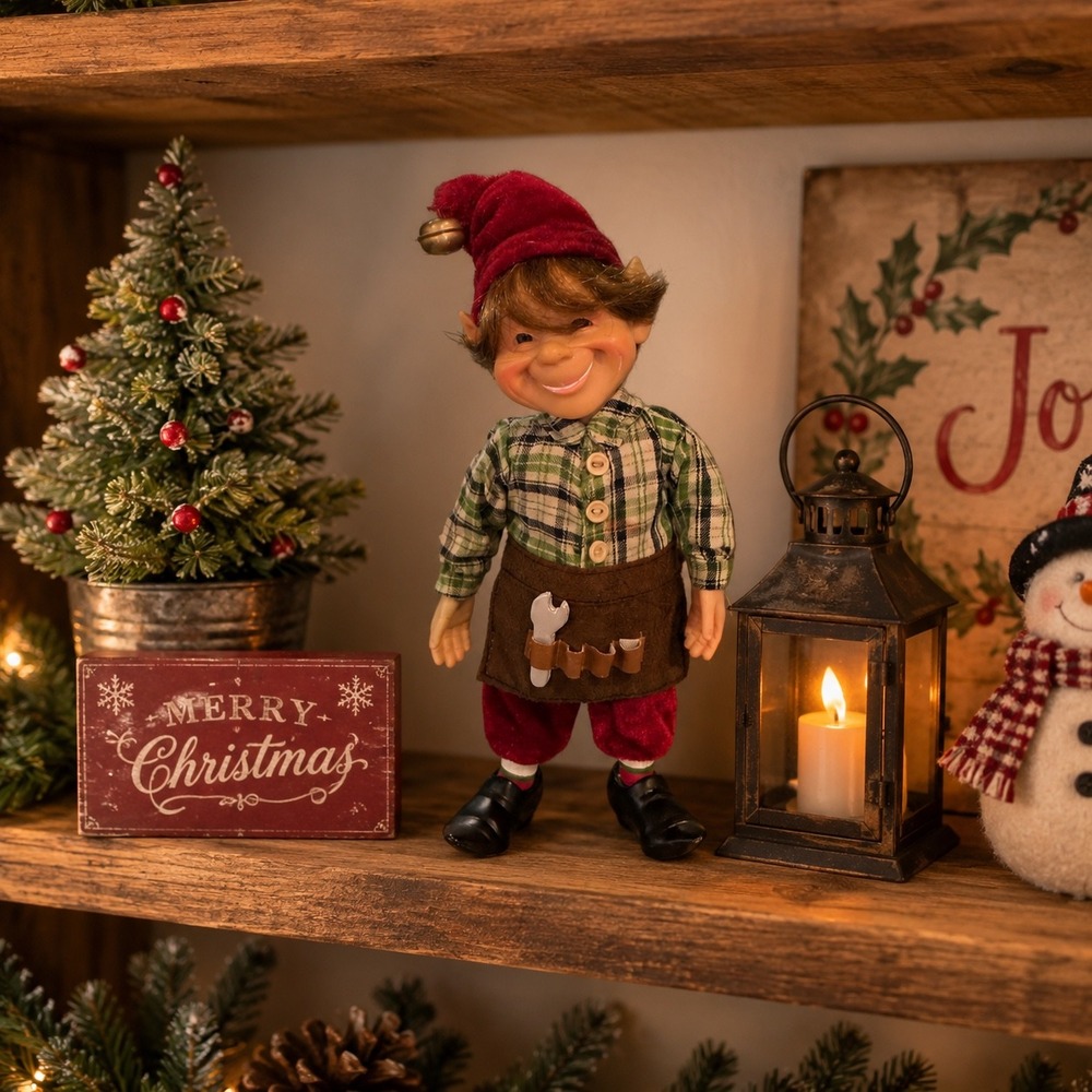 Vintage Christmas Workshop Elf Figurine Red Velvet Plaid Shirt Tool Apron 10in - Picture 4 of 4
